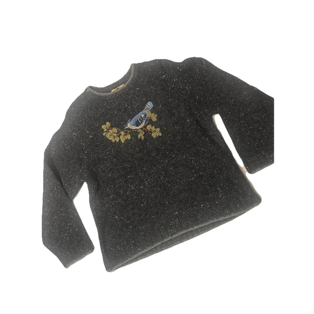 Woolrich Women’s L.Pet Wool Blend Sweater Embroidered Blue Jay Bird Crew Neck